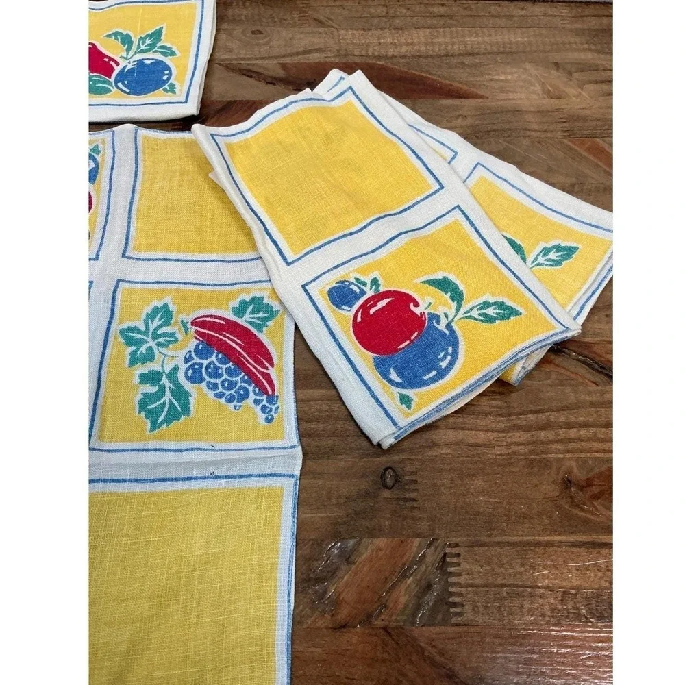 Fruit Print Linen Set of 6 Yellow Blue Red Retro MCM‎ Table Decor Vintage 15x11
